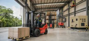 Montacargas rojo transportando una tarima en bodega industrial con apilador, brazo articulado y generador eléctrico caqui.