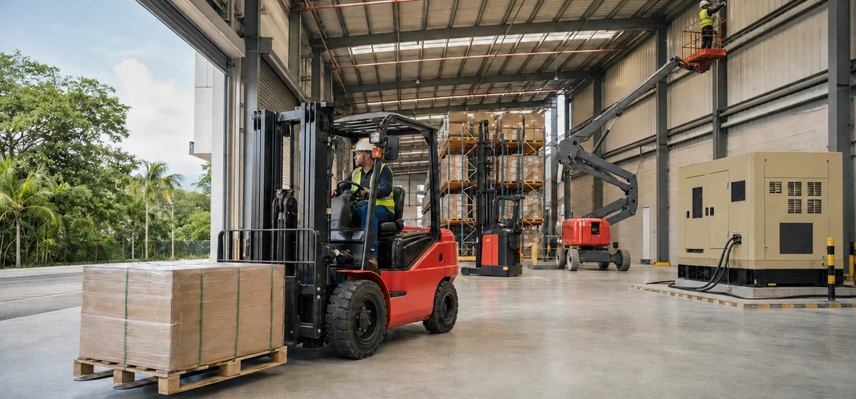 Montacargas rojo transportando una tarima en bodega industrial con apilador, brazo articulado y generador eléctrico caqui.